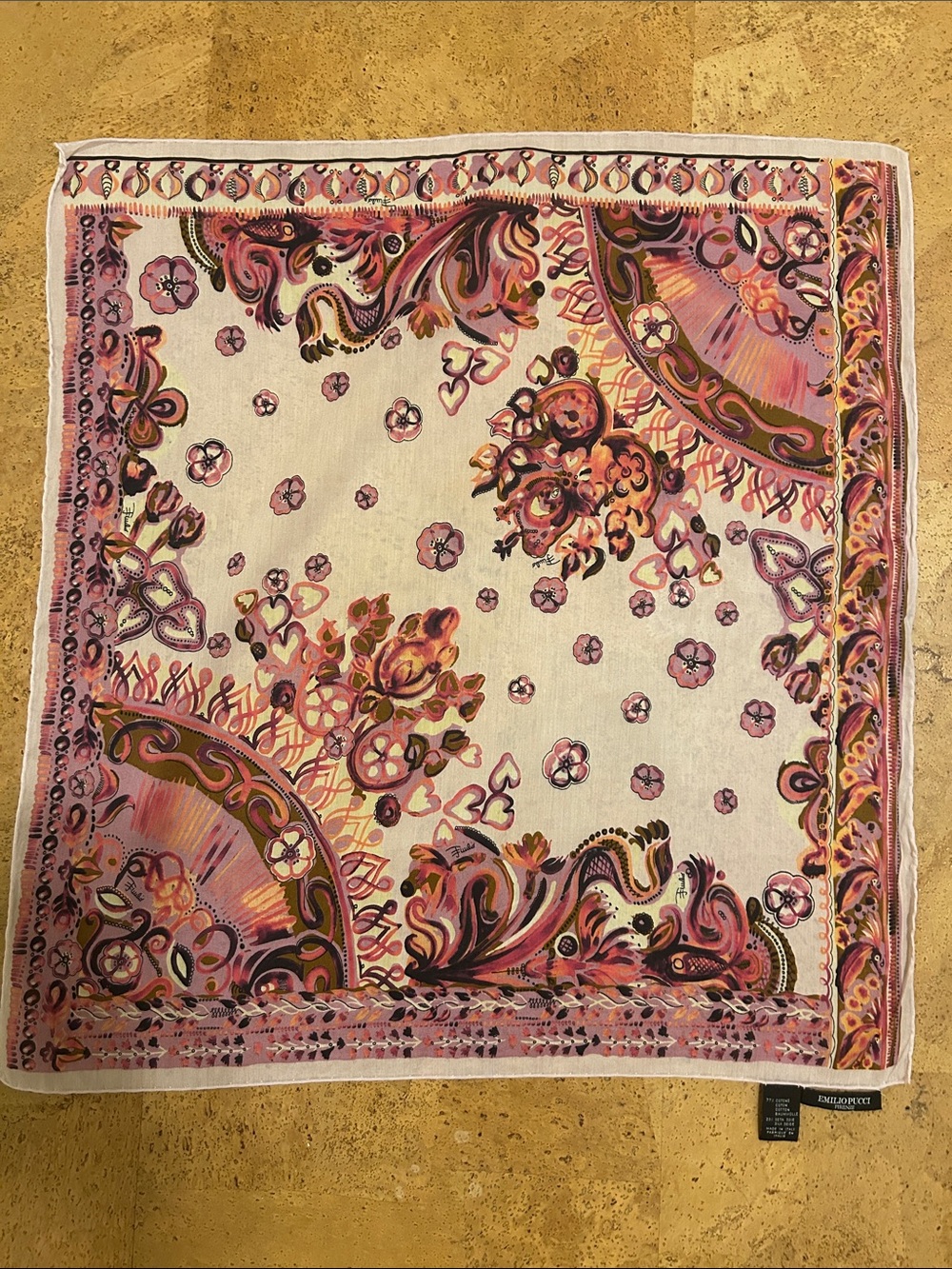 Emilio Pucci Pink and Orange Floral Paisley cotton scarf